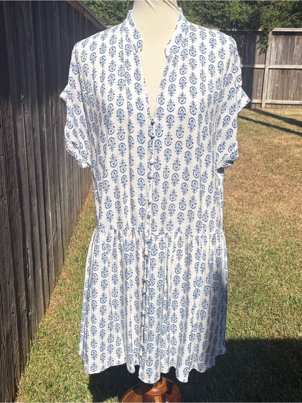 H&M White and Blue Printed Short swing Dress
